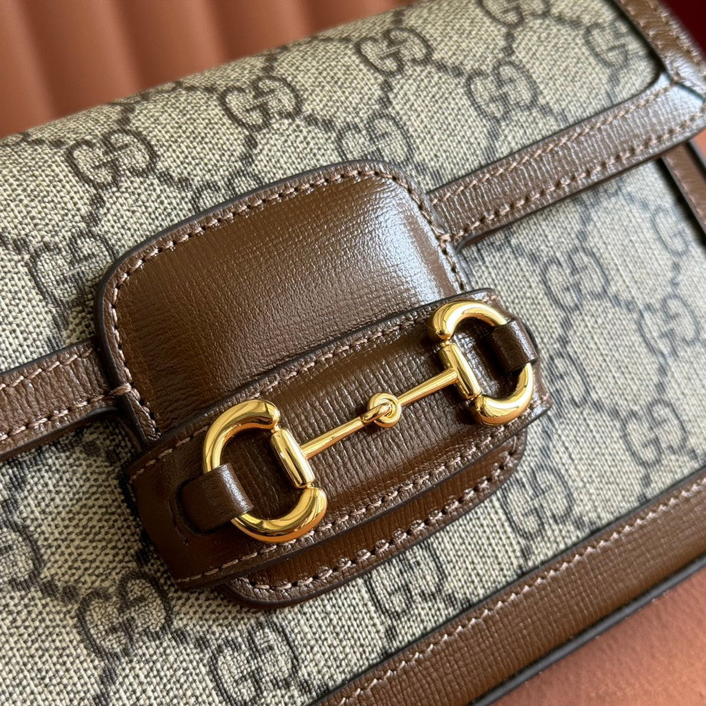 GUCCI HORSEBIT 1955 SMALL 21.5 IN BEIGE EBONY  SUPREME BROWN CALFSKIN GOLD HARDWARE