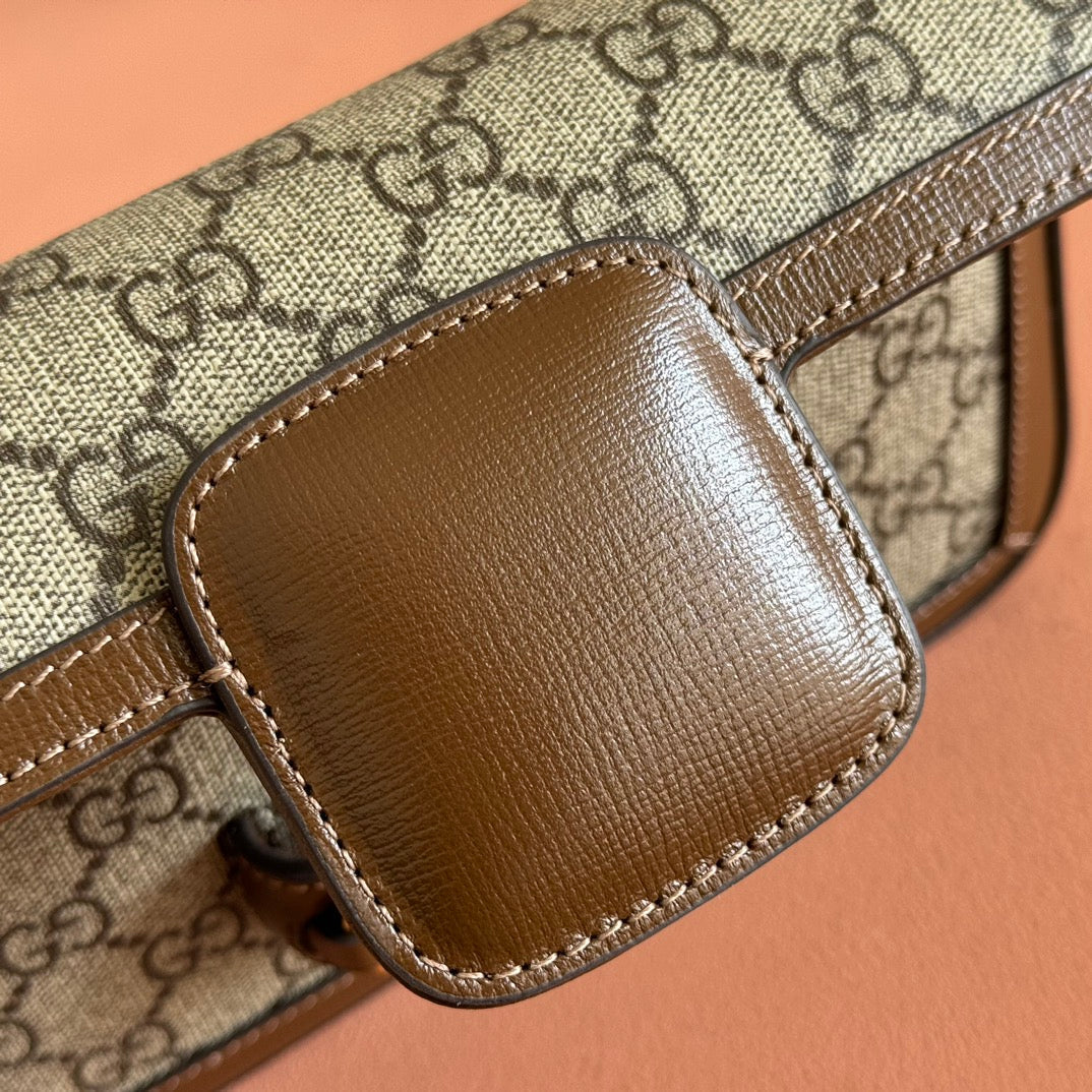 GUCCI HORSEBIT 1955 SMALL 21.5 IN BEIGE EBONY  SUPREME BROWN CALFSKIN GOLD HARDWARE