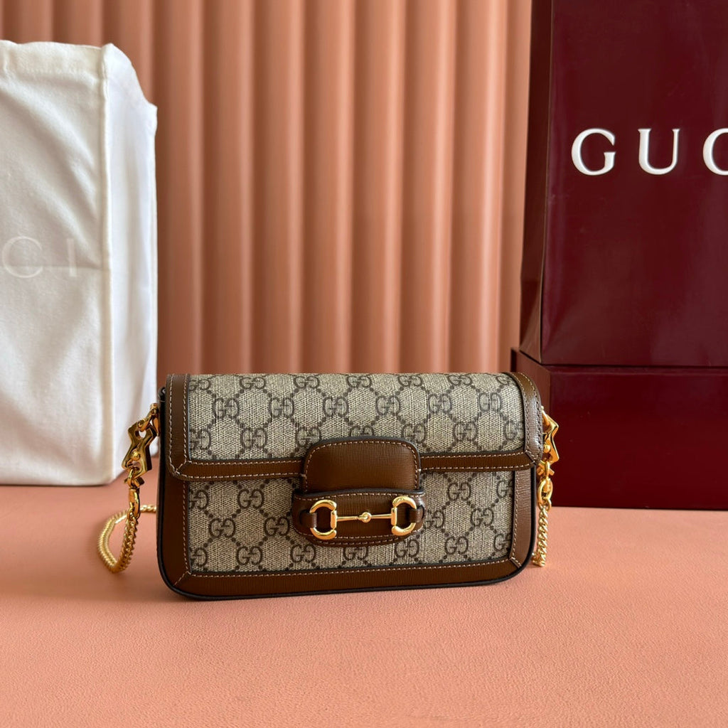 GUCCI HORSEBIT 1955 SMALL 21.5 IN BEIGE EBONY  SUPREME BROWN CALFSKIN GOLD HARDWARE