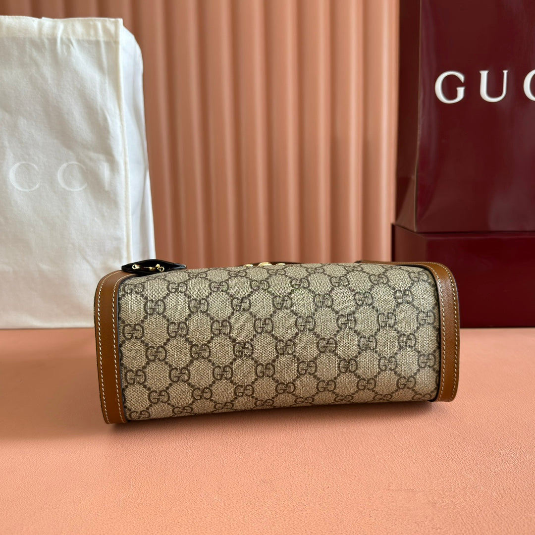 GUCCI 26S PADLOCK TOP HANDLE BAG 25 IN DARK BEIGE AND BROWN CALFSKIN