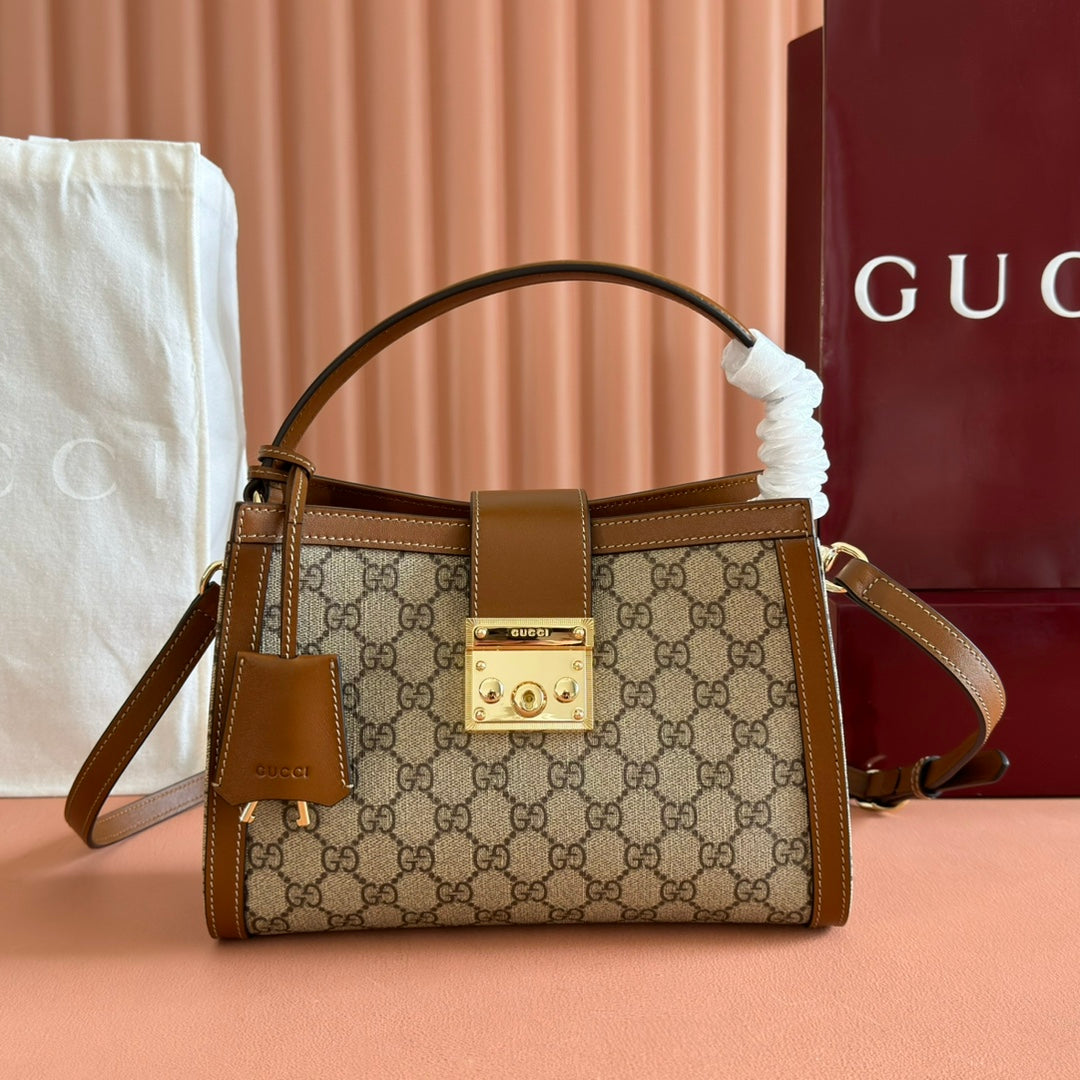 GUCCI 26S PADLOCK TOP HANDLE BAG 25 IN DARK BEIGE AND BROWN CALFSKIN