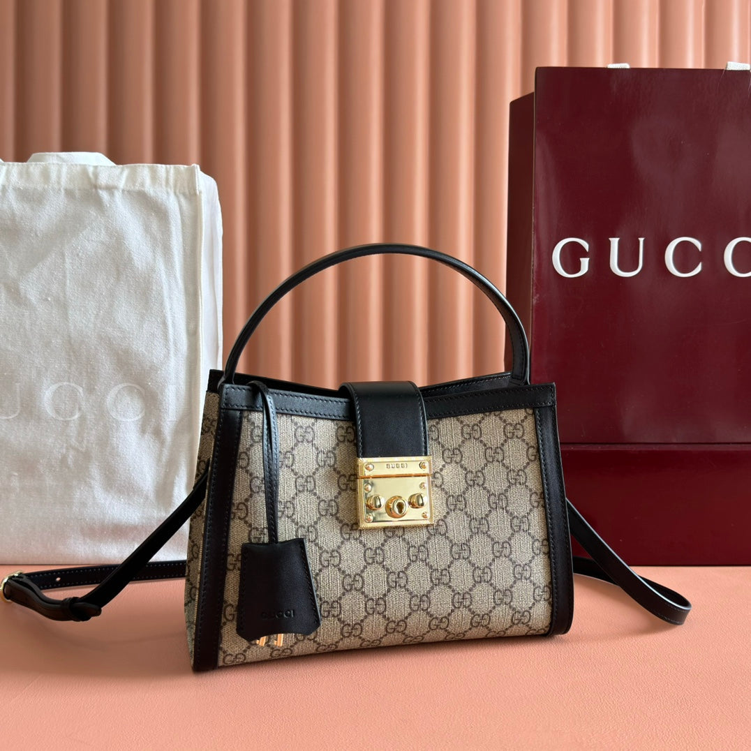 GUCCI 26S PADLOCK TOP HANDLE BAG 25 IN DARK BEIGE AND BLACK CALFSKIN