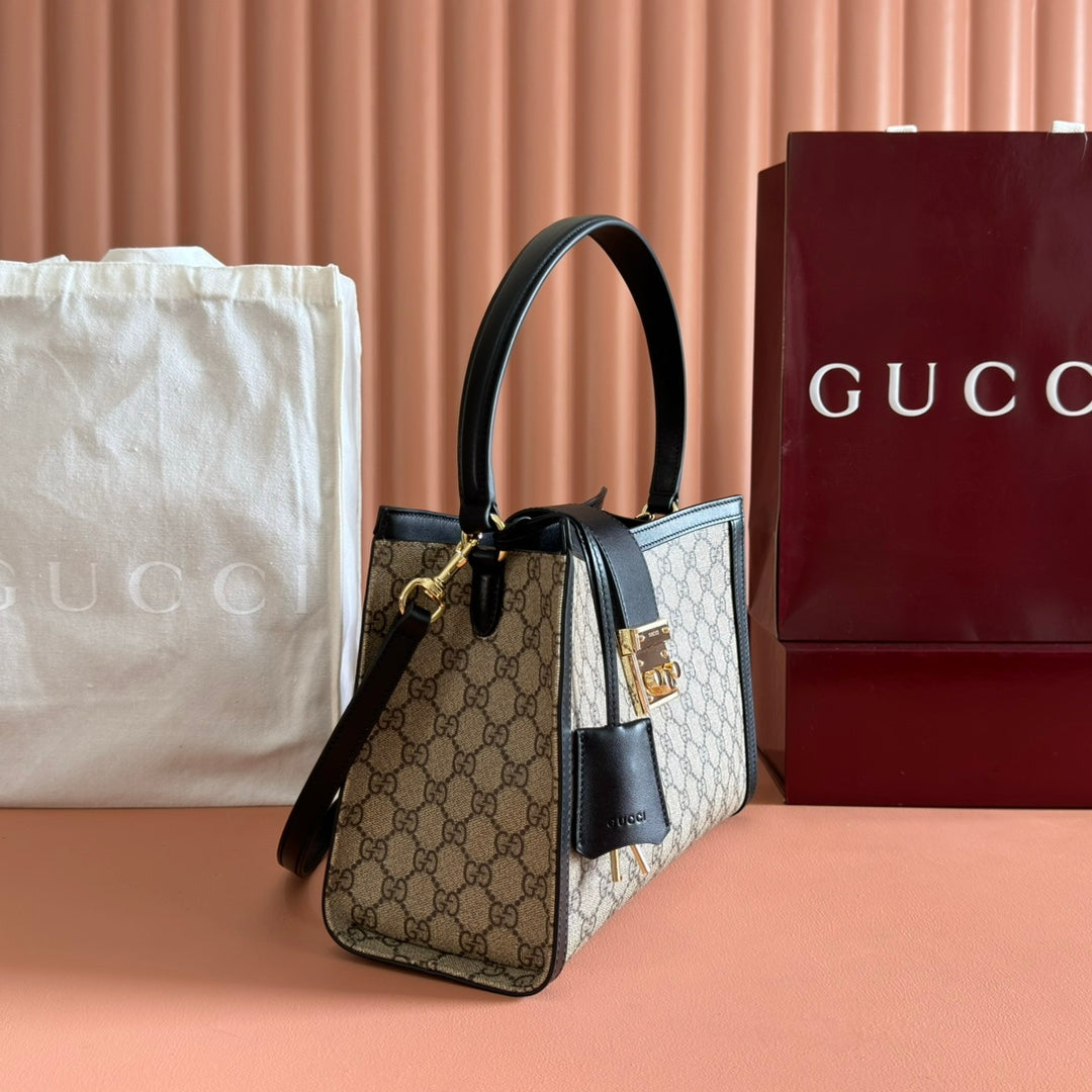 GUCCI 26S PADLOCK TOP HANDLE BAG 31 IN DARK BEIGE AND BLACK CALFSKIN