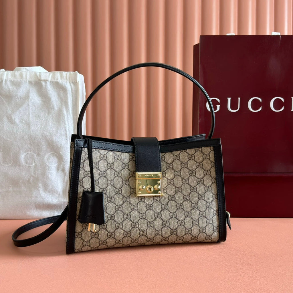GUCCI 26S PADLOCK TOP HANDLE BAG 31 IN DARK BEIGE AND BLACK CALFSKIN