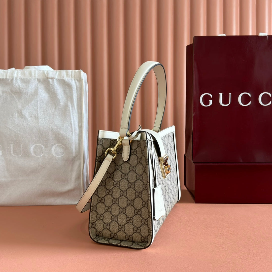 GUCCI 26S PADLOCK TOP HANDLE BAG 31 IN DARK BEIGE AND WHITE CALFSKIN