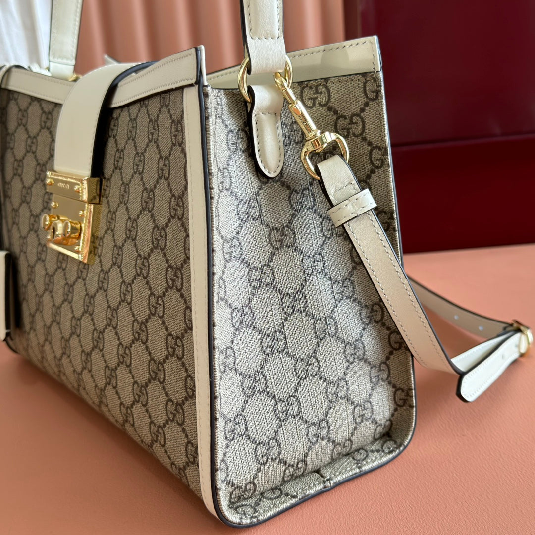 GUCCI 26S PADLOCK TOP HANDLE BAG 31 IN DARK BEIGE AND WHITE CALFSKIN