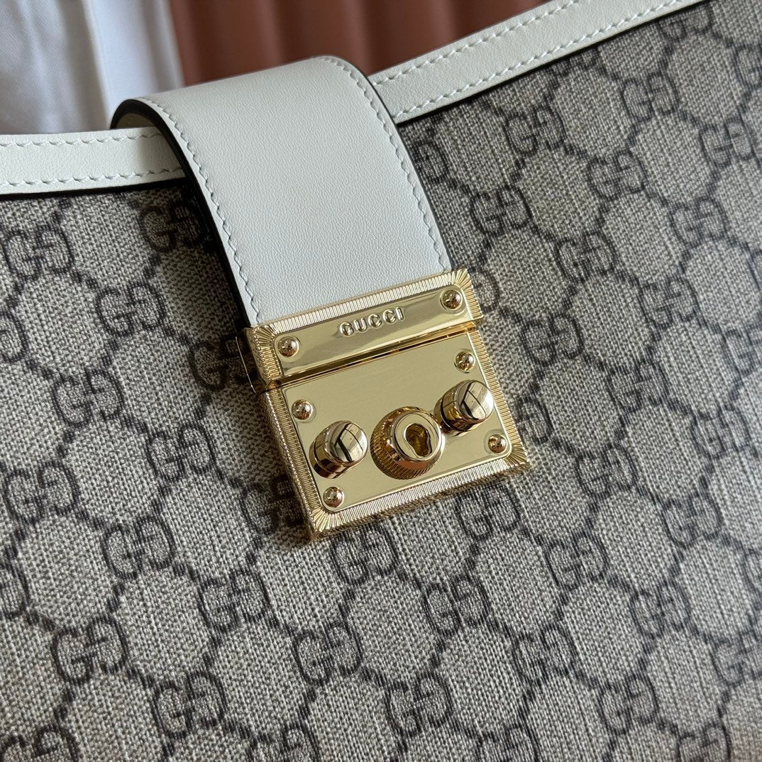 GUCCI 26S PADLOCK SHOULDER BAG 29 IN DARK BEIGE AND WHITE CALFSKIN