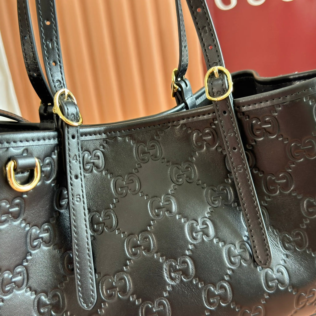 GUCCI 26S TOTE BAG 30 IN BLACK CALFSKIN WITH MONOGRAM PATTERN