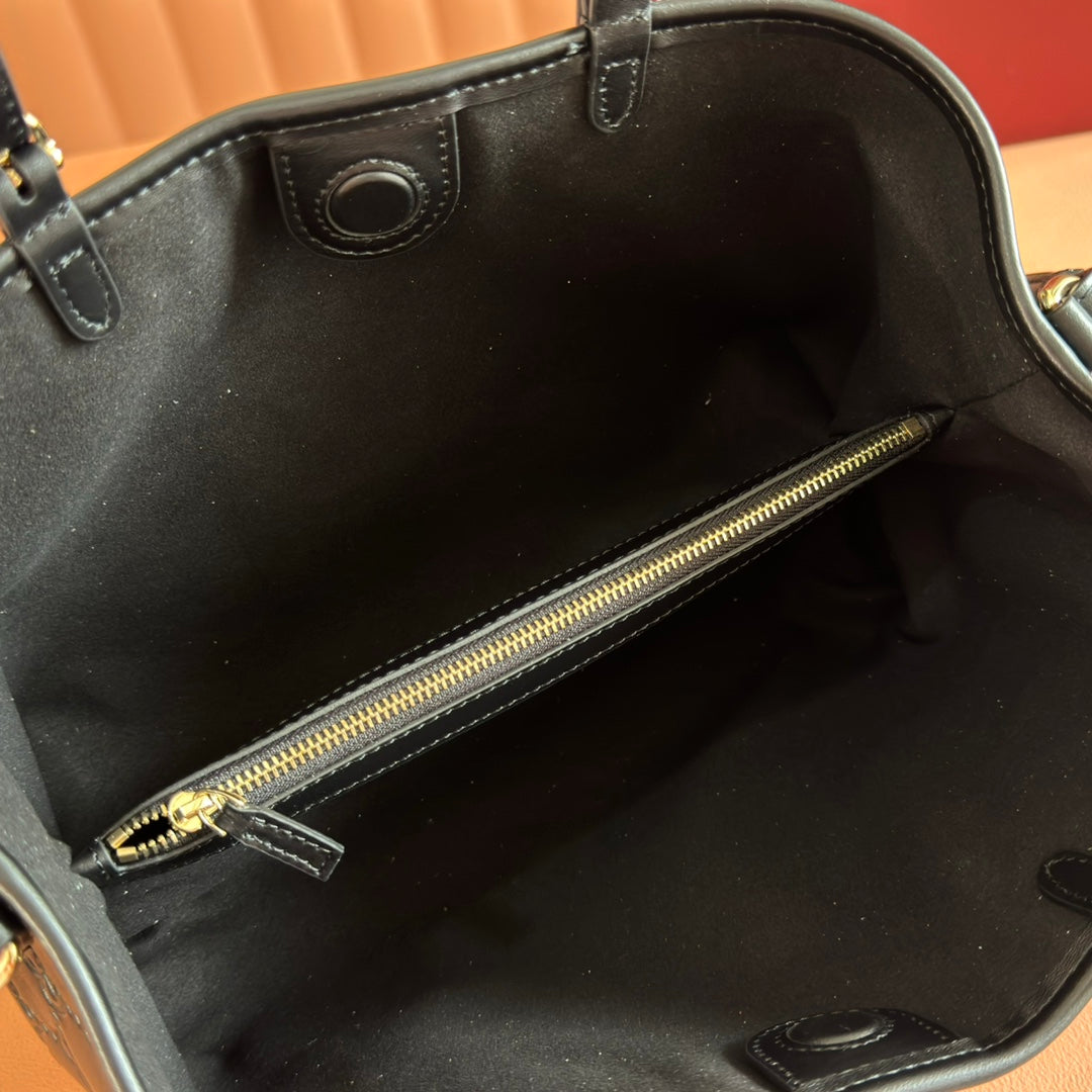 GUCCI 26S TOTE BAG 30 IN BLACK CALFSKIN WITH MONOGRAM PATTERN