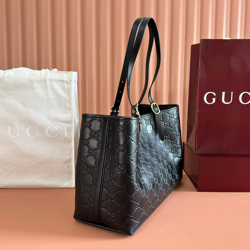GUCCI 26S TOTE BAG 38 IN BLACK CALFSKIN WITH MONOGRAM PATTERN