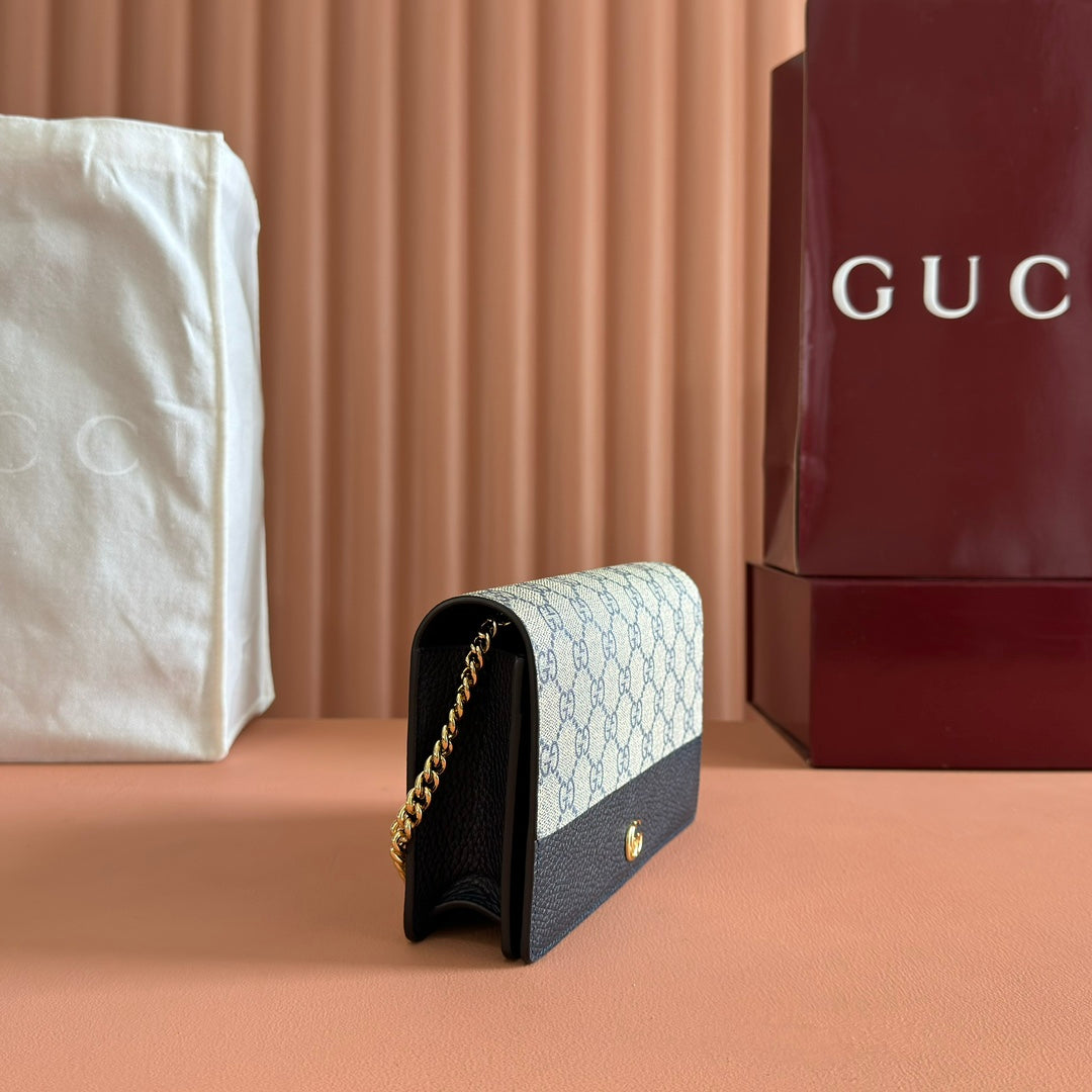 GUCCI MARMONT WALLET ON CHAIN 20 BLUE PVC AND BEIGE IN CALFSKIN