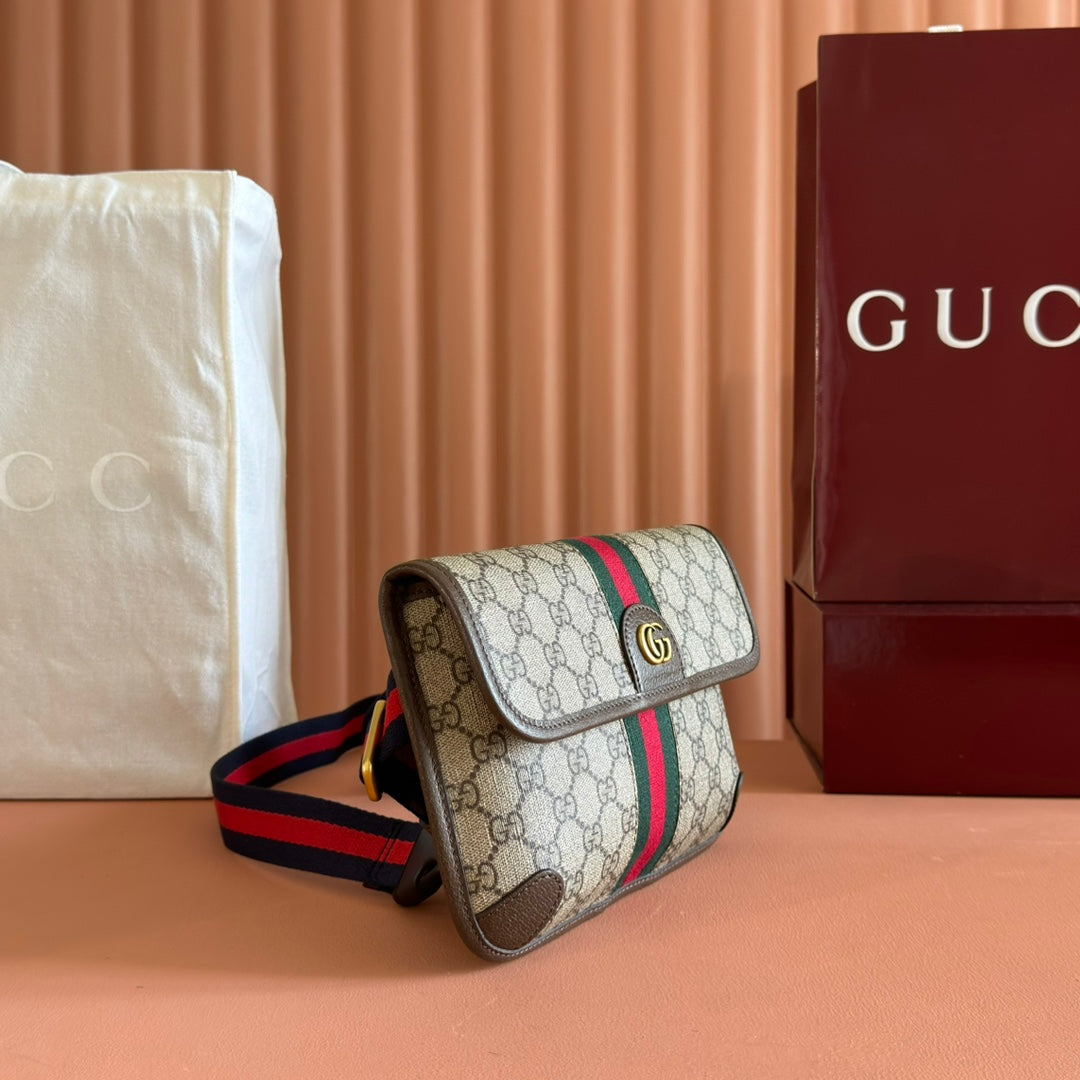 GUCCI OPHIDIA BELT BAG 24 IN BEIGE AND DARK BROWN CANVAS