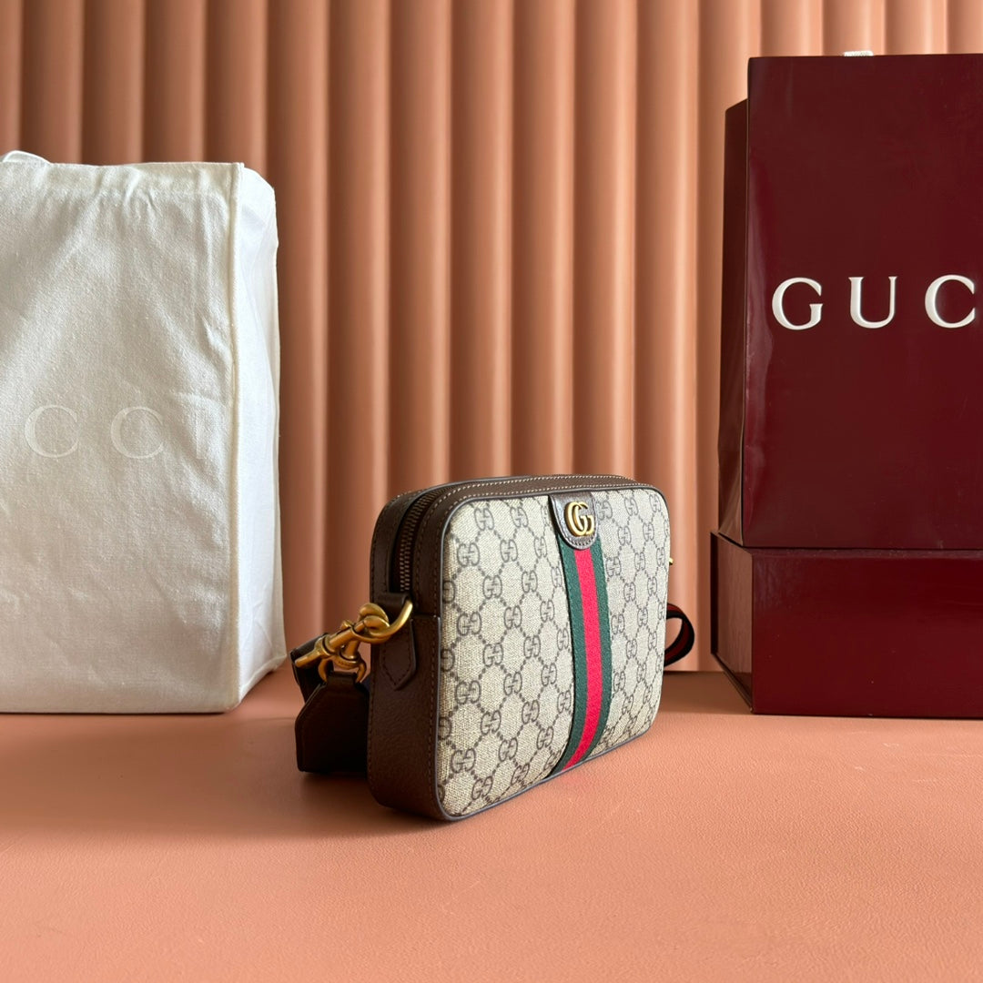 GUCCI OPHIDIA SMALL CROSSBODY BAG 24 IN BEIGE CANVAS AND BROWN CALFSKIN