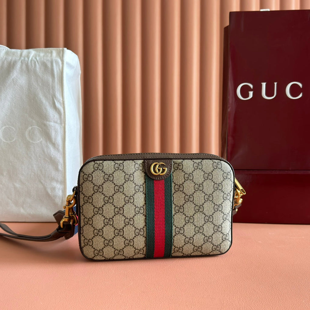 GUCCI OPHIDIA SMALL CROSSBODY BAG 24 IN BEIGE CANVAS AND BROWN CALFSKIN