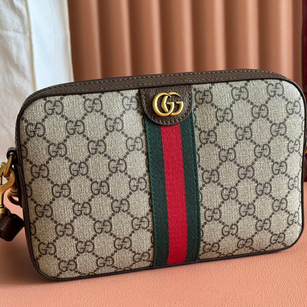 GUCCI OPHIDIA SMALL CROSSBODY BAG 24 IN BEIGE CANVAS AND BROWN CALFSKIN