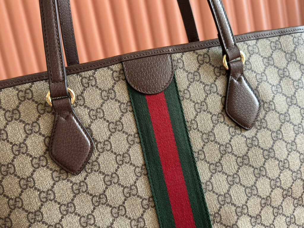 GUCCI OPHIDIA MEDIUM TOTE BAG 31 BEIGE AND DARK BROWN CANVAS