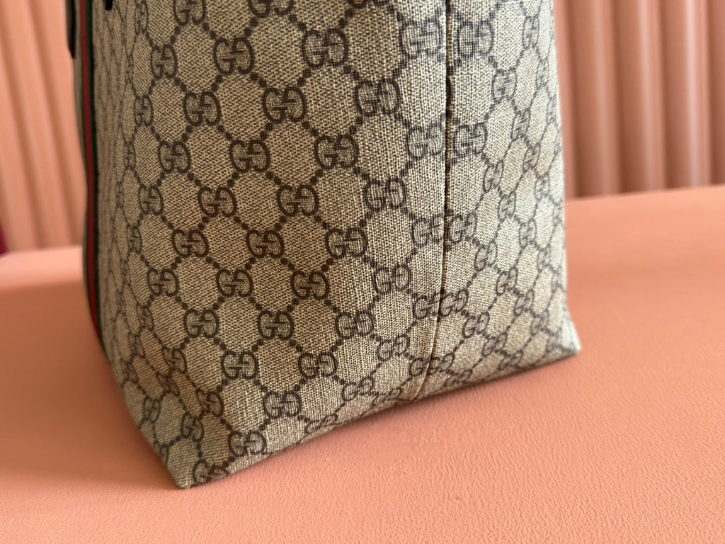 GUCCI OPHIDIA MEDIUM TOTE BAG 31 BEIGE AND DARK BROWN CANVAS