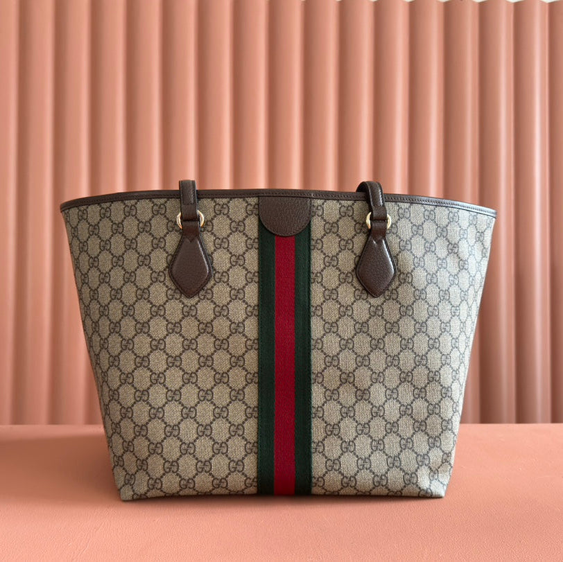 GUCCI OPHIDIA MEDIUM TOTE BAG 31 BEIGE AND DARK BROWN CANVAS