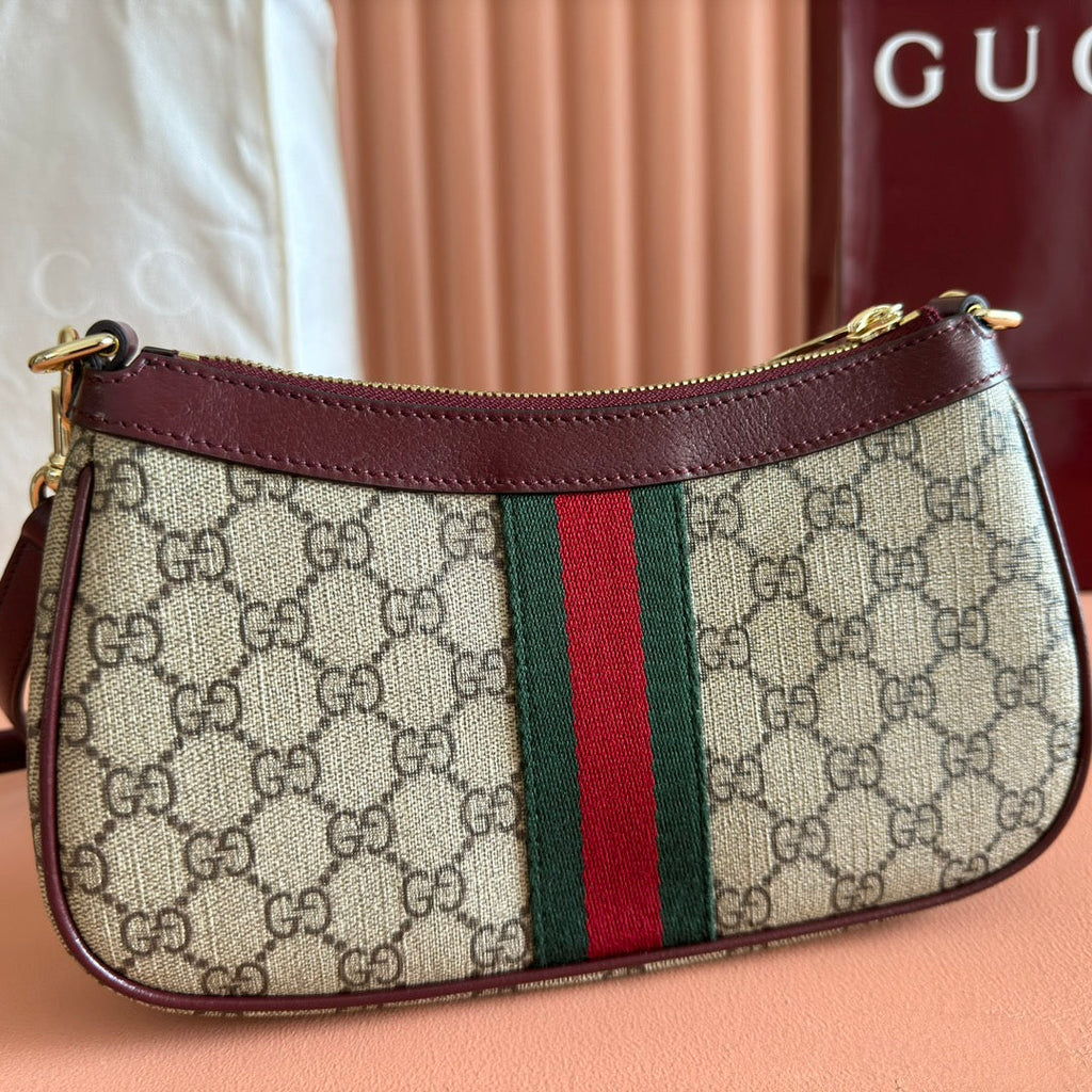 GUCCI OPHIDIA SMALL SHOULDER BAG 26 IN BROWN CANVAS REDDISH BROWN LEATHER TRIM