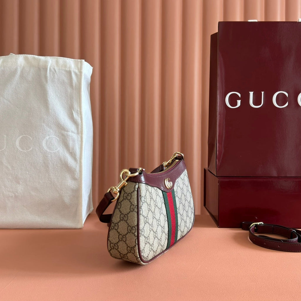 GUCCI OPHIDIA SMALL SHOULDER BAG 26 IN BROWN CANVAS REDDISH BROWN LEATHER TRIM