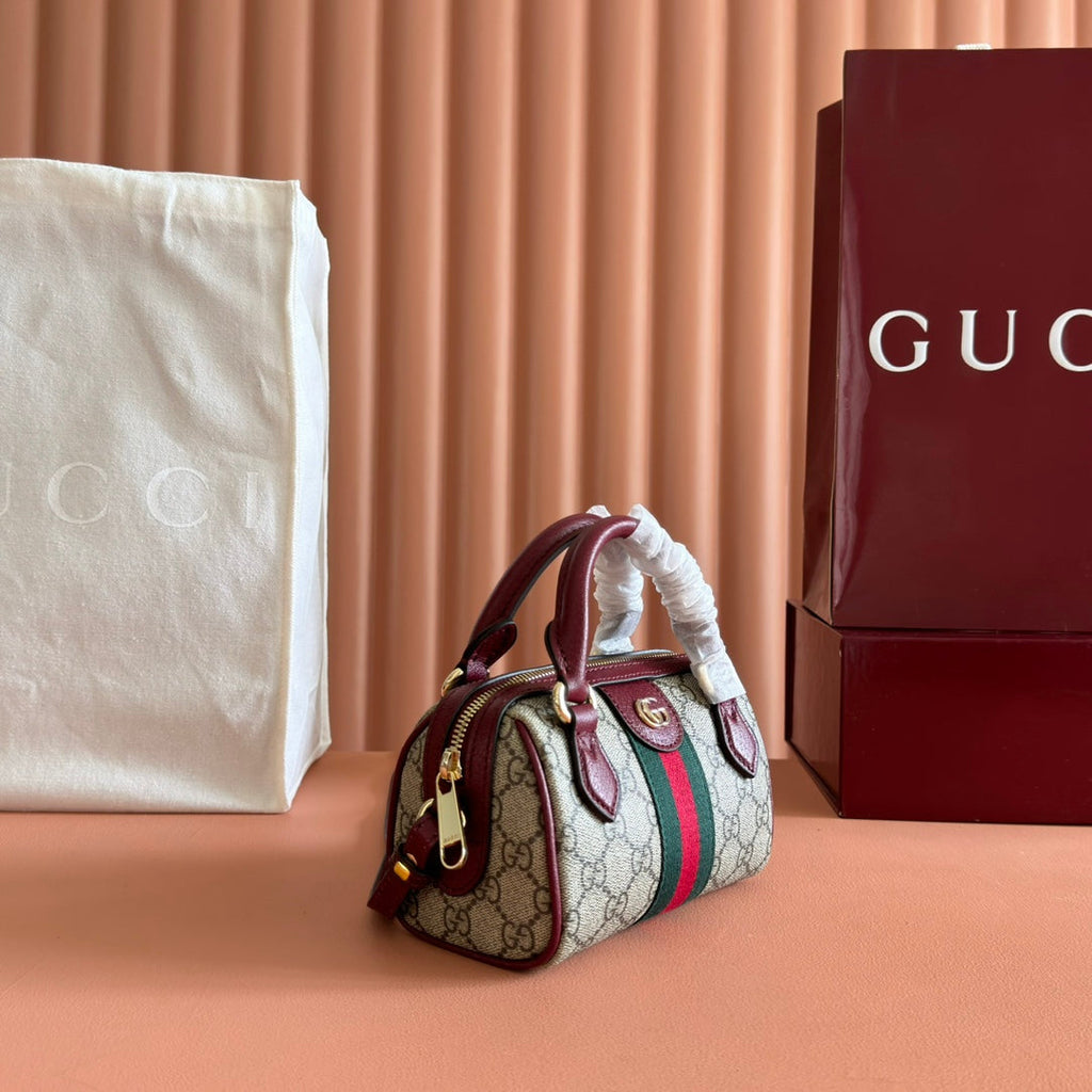 GUCCI 25S OPHIDIA MINI BOSTON BAG 16 IN BEIGE CANVAS AND ROSSO ANCORA CALFSKIN
