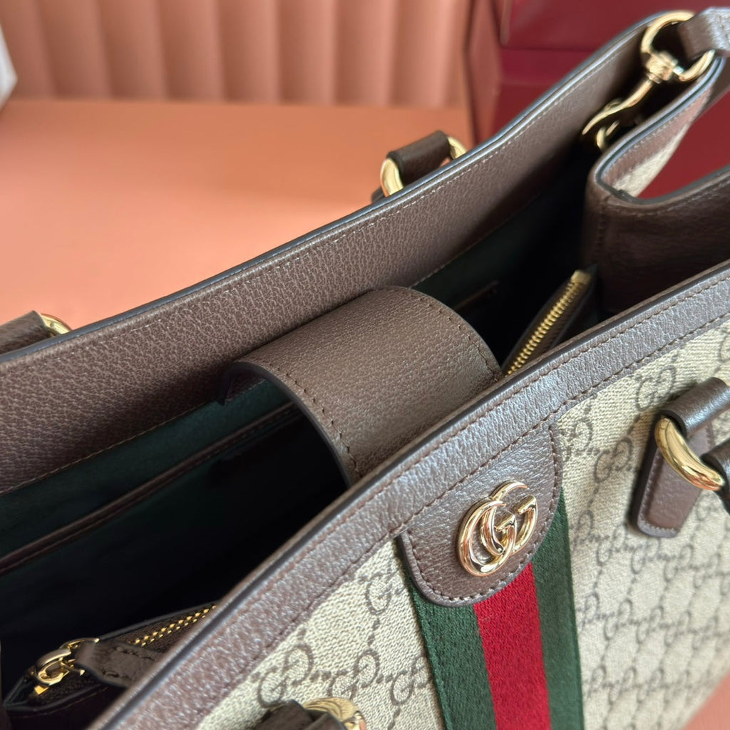 GUCCI 26S OPHIDIA HANDBAG 39 IN BROWN AND DARK BEIGE CANVAS