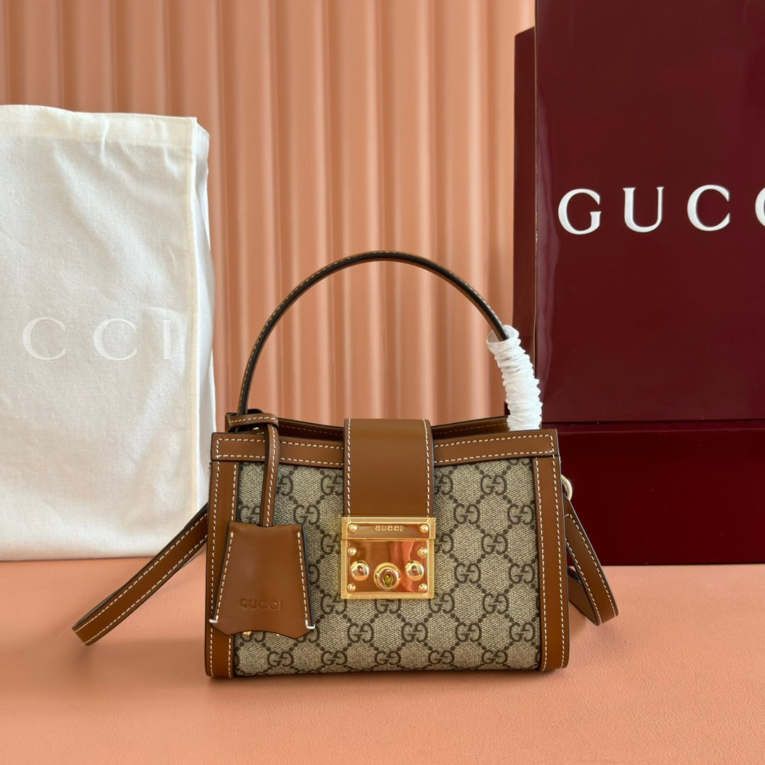 GUCCI 26S PADLOCK TOP HANDLE BAG 31 IN DARK BEIGE AND BROWN CALFSKIN
