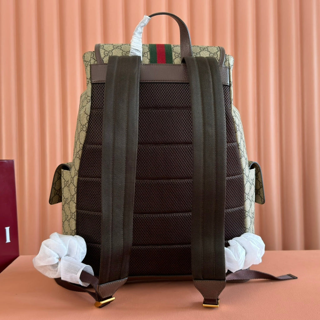 GUCCI 26S OPHIDIA LARGE BACKPACK 46 IN BEIGE AND BROWN CANVAS