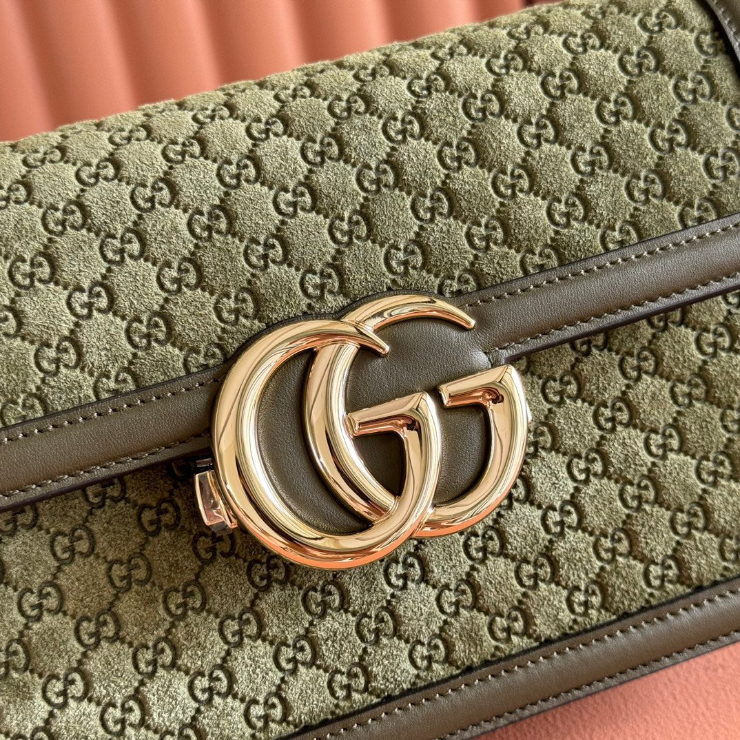 GUCCI 26S SHOULDER BAG 21 IN MOSS GREEN EMBOSSED SUEDE AND CALFSKIN