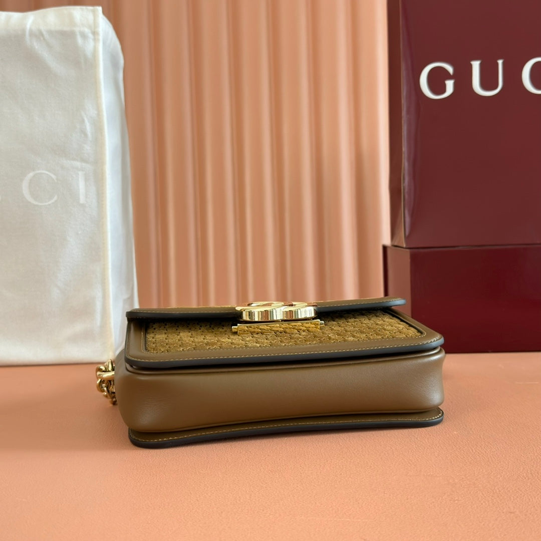 GUCCI 26S SHOULDER BAG 21 IN BROWN EMBOSSED SUEDE AND CALFSKIN