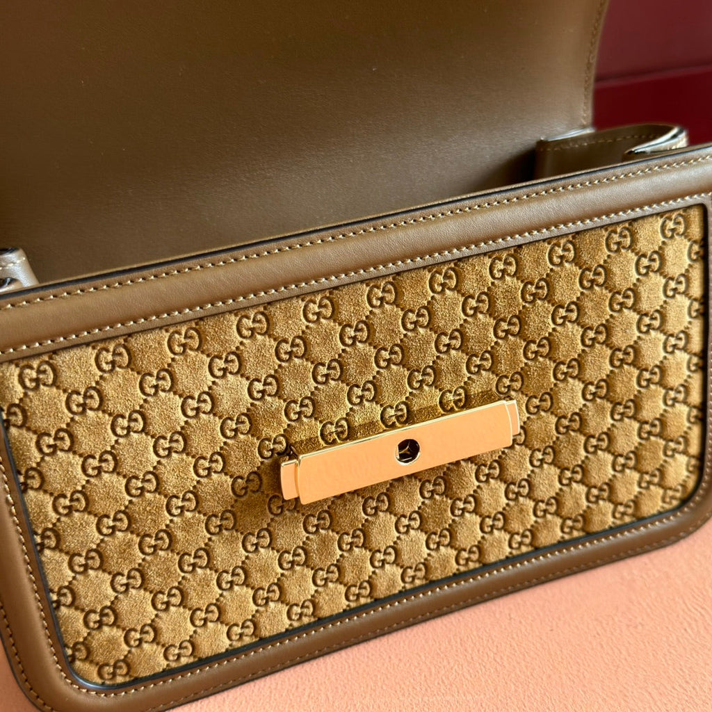 GUCCI 26S SHOULDER BAG 21 IN BROWN EMBOSSED SUEDE AND CALFSKIN