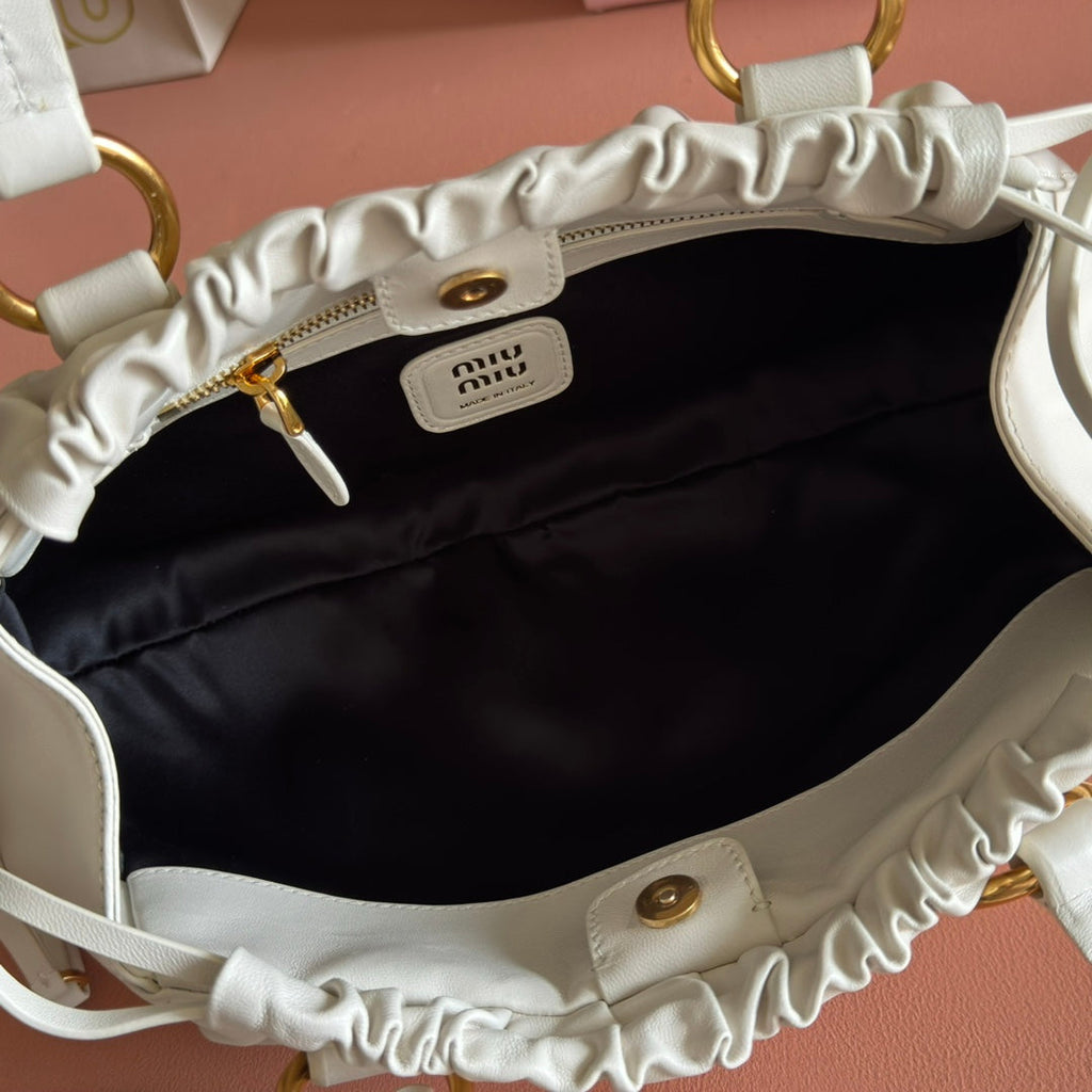 MIUMIU 26S JOIE HAND BAG 32 IN WHITE SHINY LAMBSKIN GOLD HARDWARE