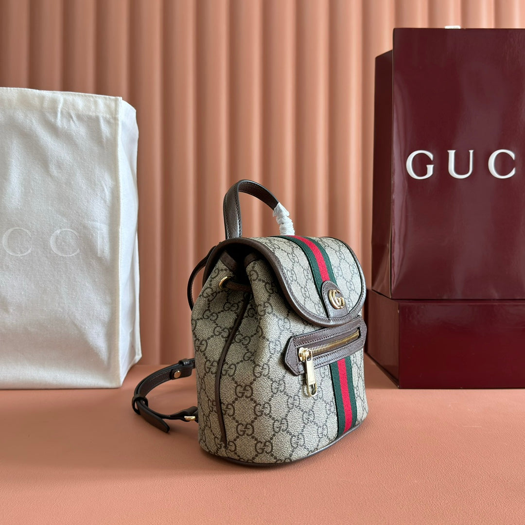 GUCCI 25S OPHIDIA SMALL BACKPACK 20 IN BEIGE AND EBONY CALFSKIN