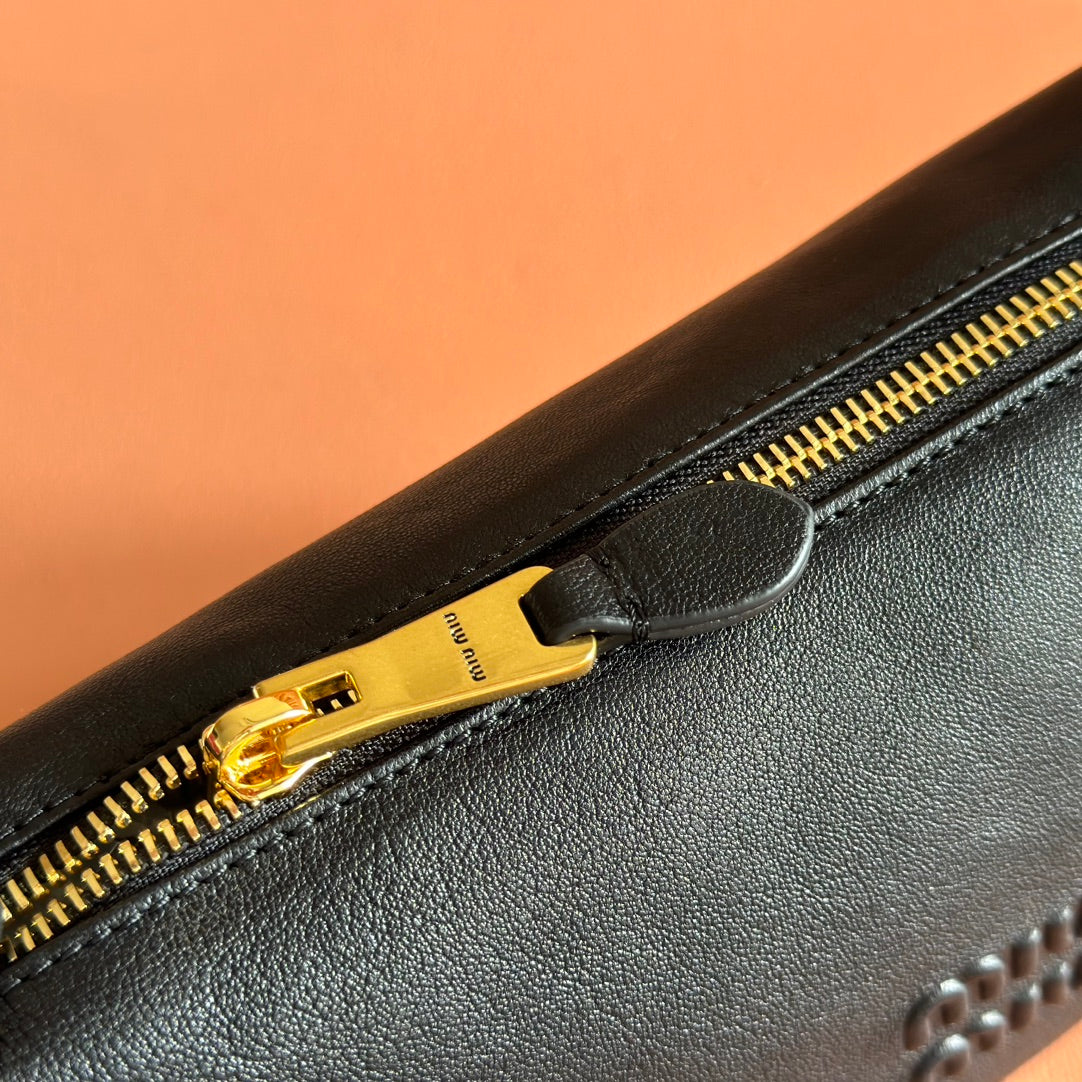 MIUMIU 26S CORDUROY POUCH BAG 25 IN BLACK CALFSKIN GOLD HARDWARE