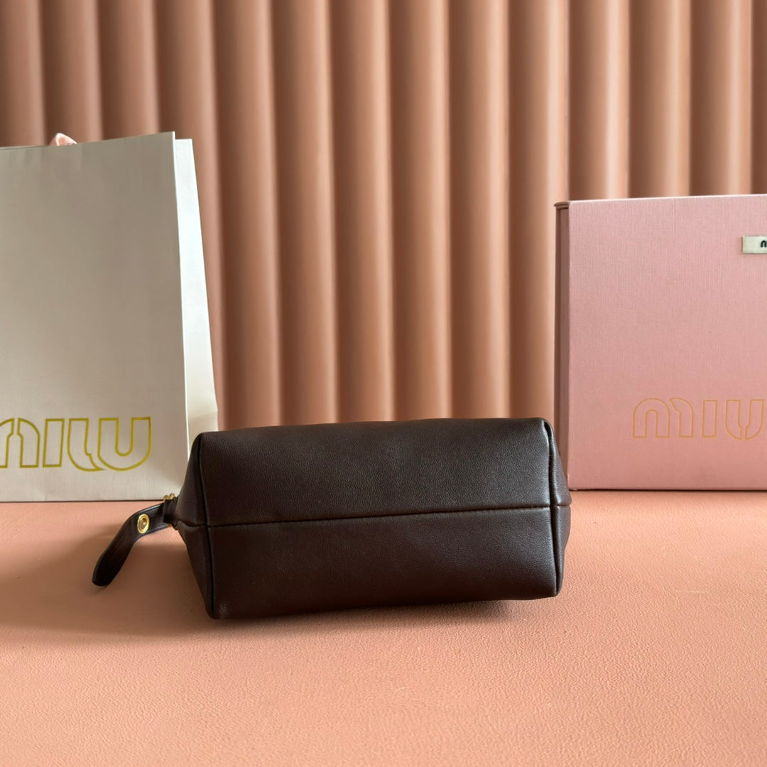 MIUMIU 26S CORDUROY POUCH BAG 25 IN DARK BROWN CALFSKIN GOLD HARDWARE