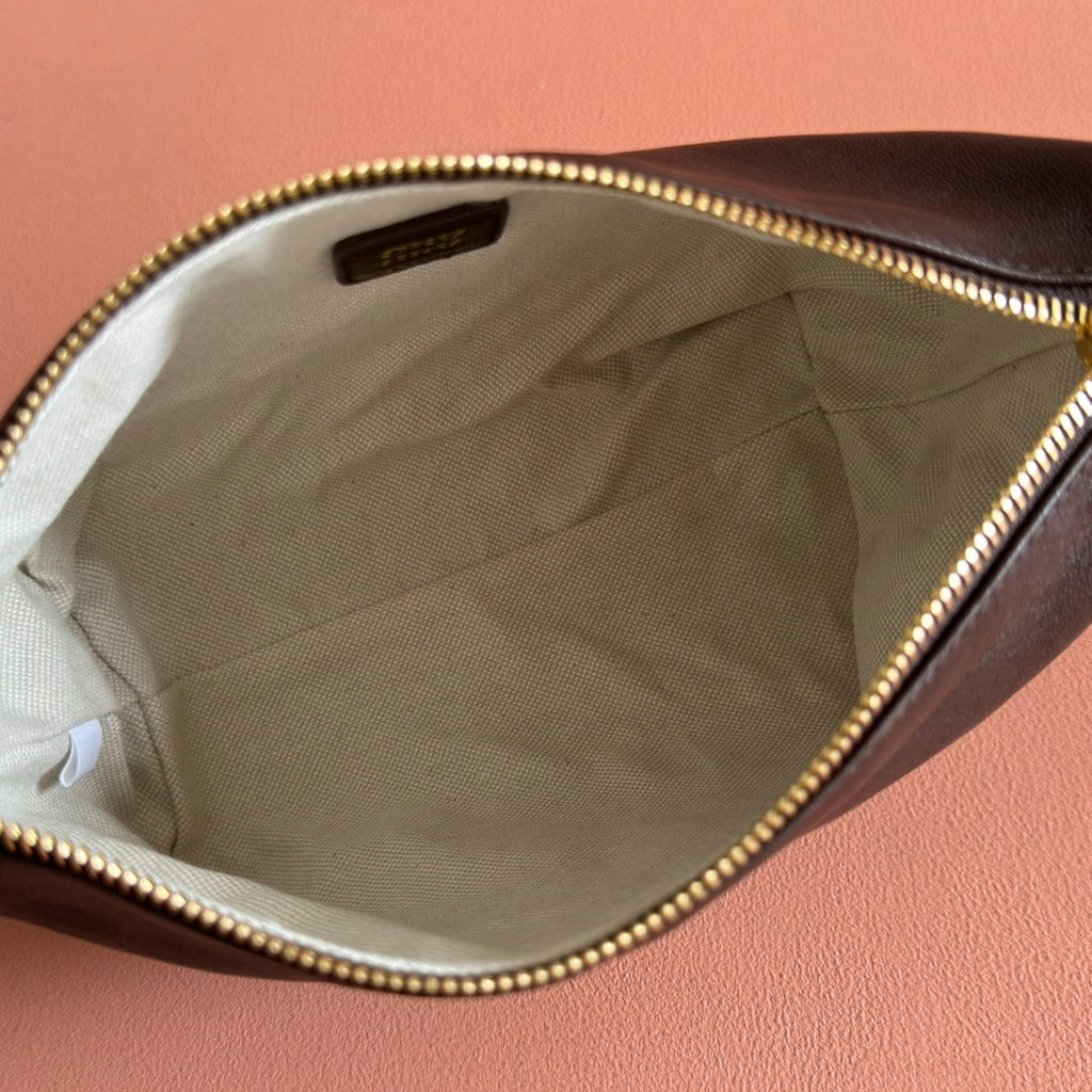 MIUMIU 26S CORDUROY POUCH BAG 25 IN DARK BROWN CALFSKIN GOLD HARDWARE
