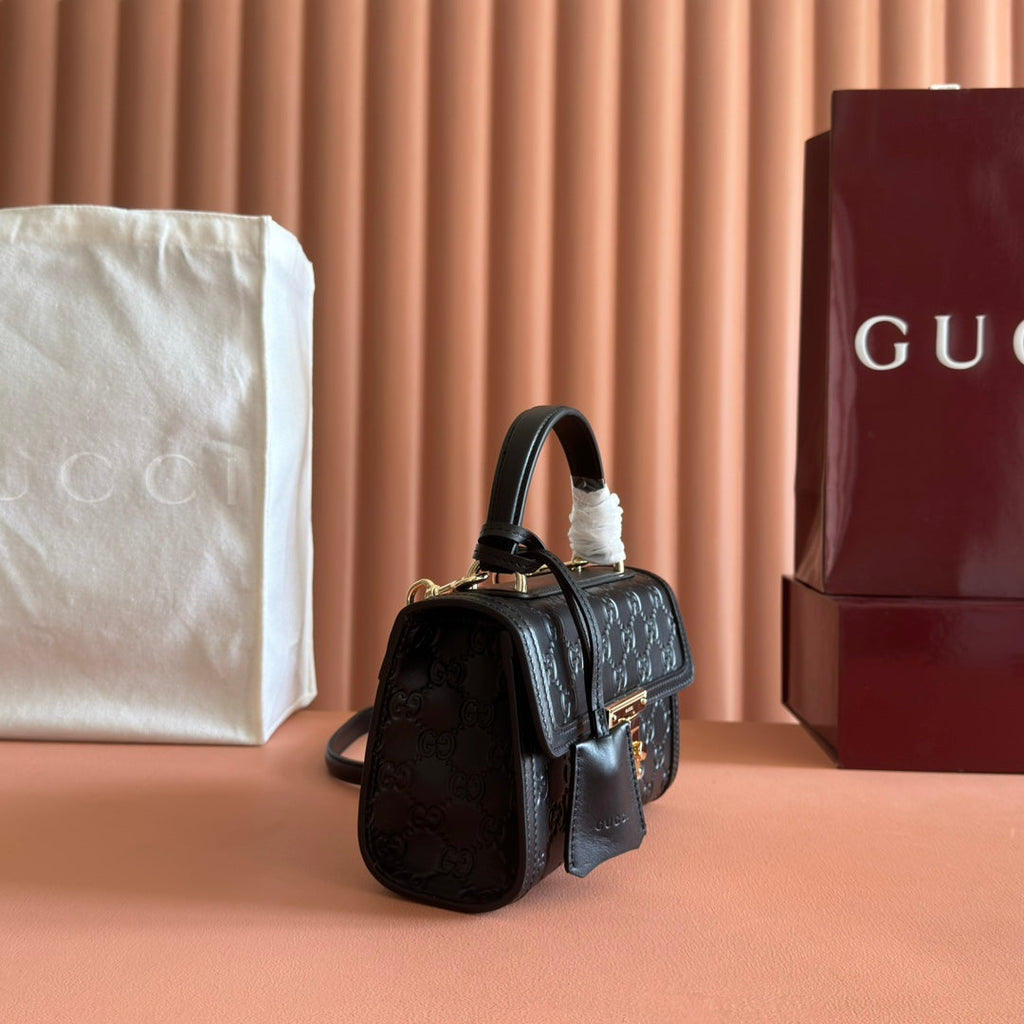 GUCCI 26S PADLOCK BAG 20 IN BLACK EMBOSSED CALFSKIN