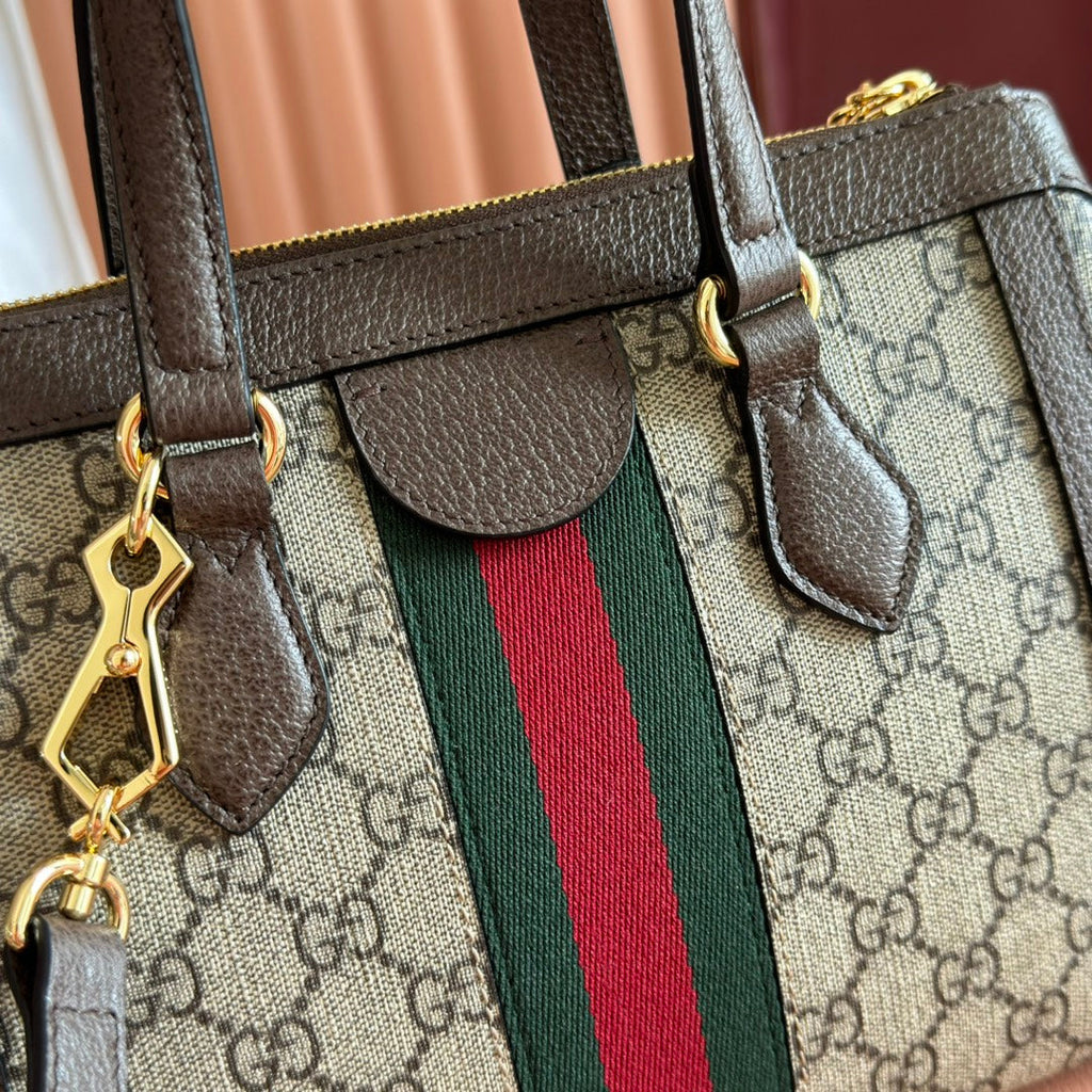 GUCCI 26S OPHIDIA HANDBAG 25 IN BROWN AND DARK BEIGE CALFSKIN
