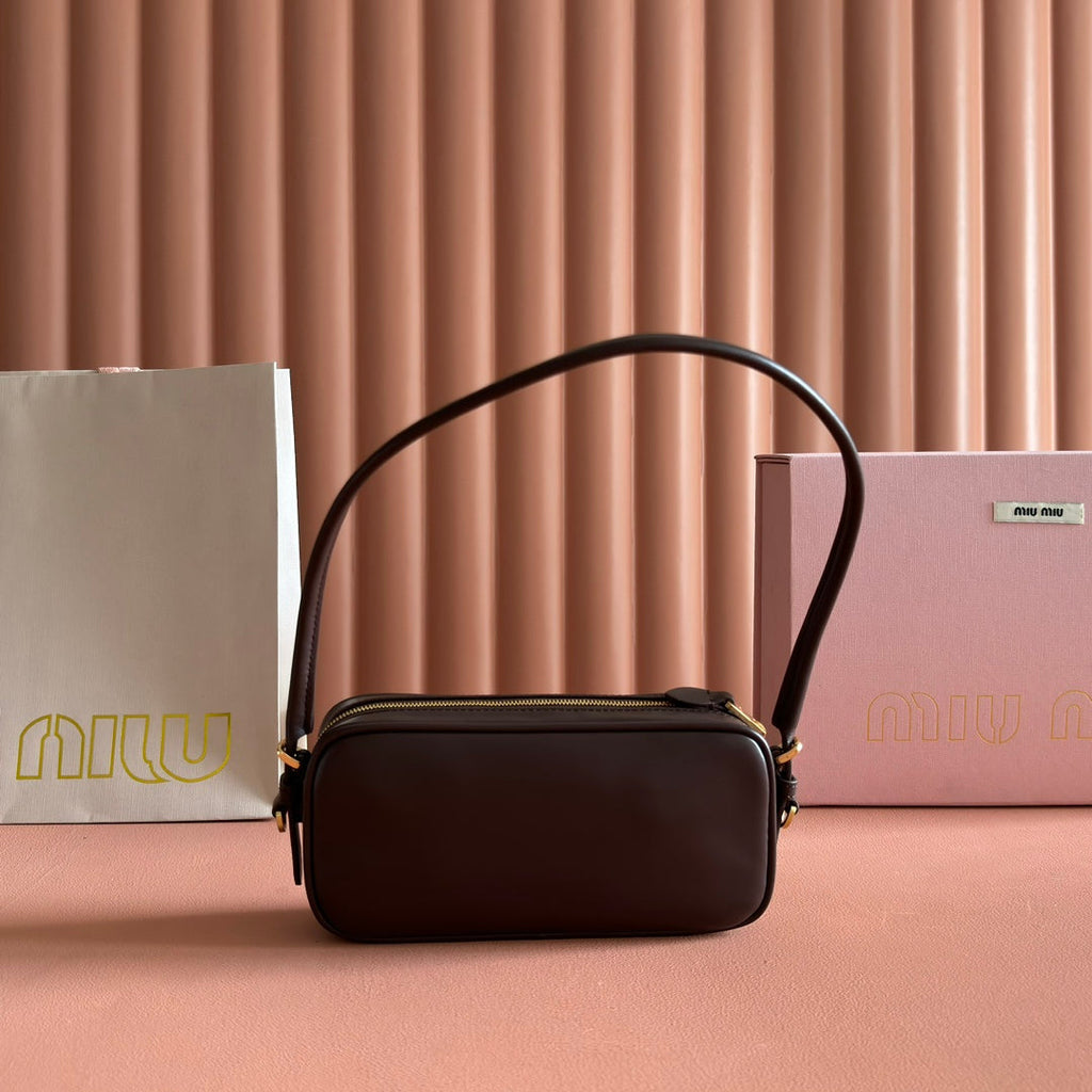 MIUMIU 26S POUCH BAG 20 IN DARK BROWN CALFSKIN GOLD HARDWARE
