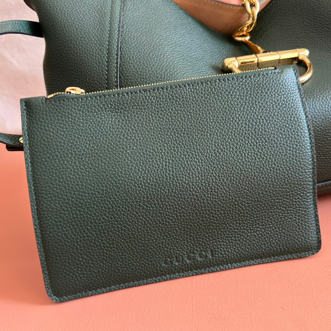 GUCCI 25S HANDBAG 46 CM IN DARK GREEN CALFSKIN WITH GOLD HARDWARE