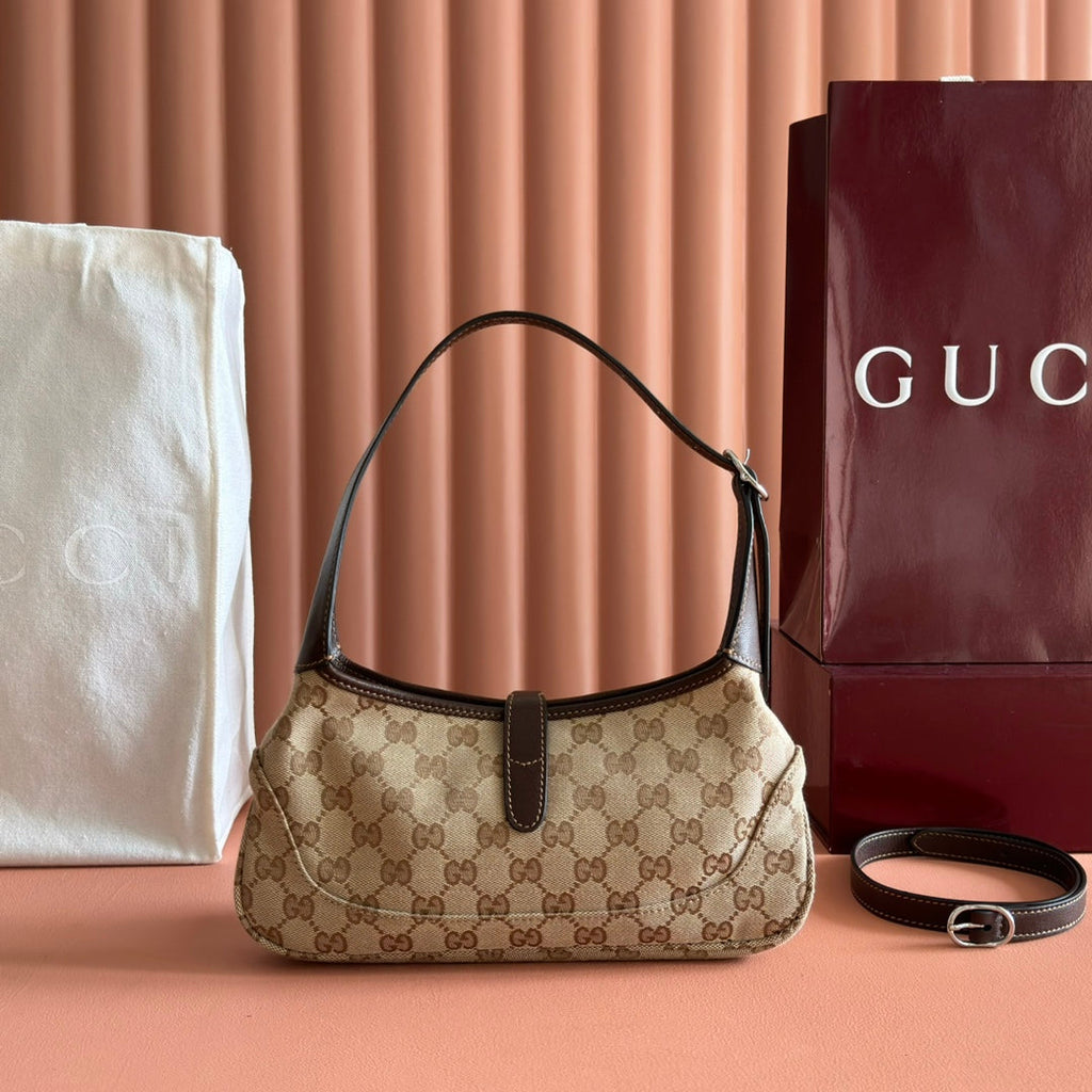 GUCCI 25S JACKIE MONOGRAM 27 CM IN LIGHT BROWN CANVAS AND CALFSKIN