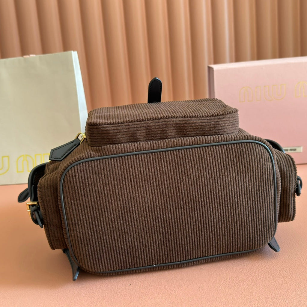MIUMIU 26S MEDIUM BACKPACK 29 IN CHOCOLATE BROWN CANVAS BLACK CALFSKIN