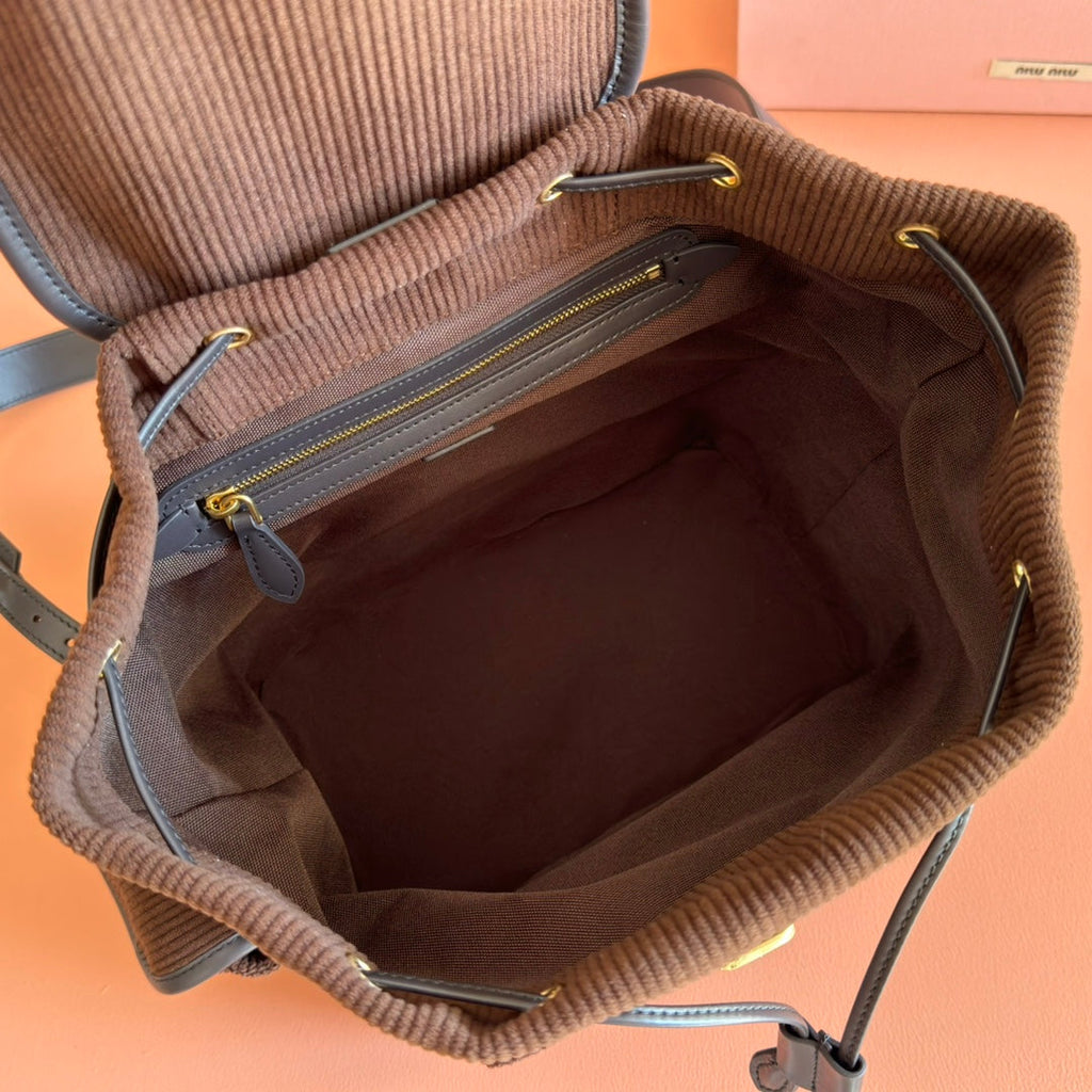 MIUMIU 26S MEDIUM BACKPACK 29 IN CHOCOLATE BROWN CANVAS BLACK CALFSKIN