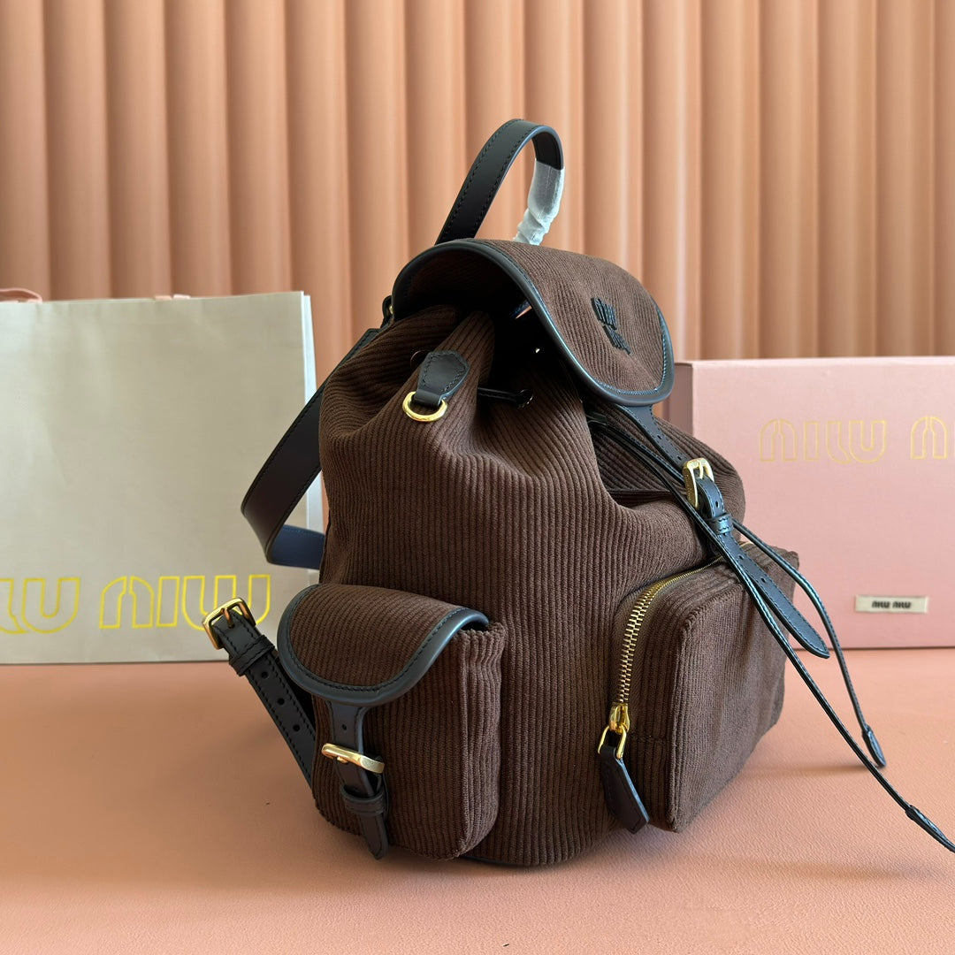 MIUMIU 26S MEDIUM BACKPACK 29 IN CHOCOLATE BROWN CANVAS BLACK CALFSKIN
