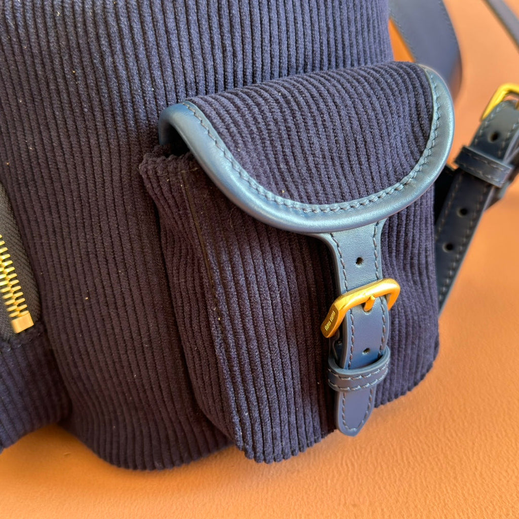 MIUMIU 26S MEDIUM BACKPACK 29 IN DARK BLUE CANVAS BLUE CALFSKIN