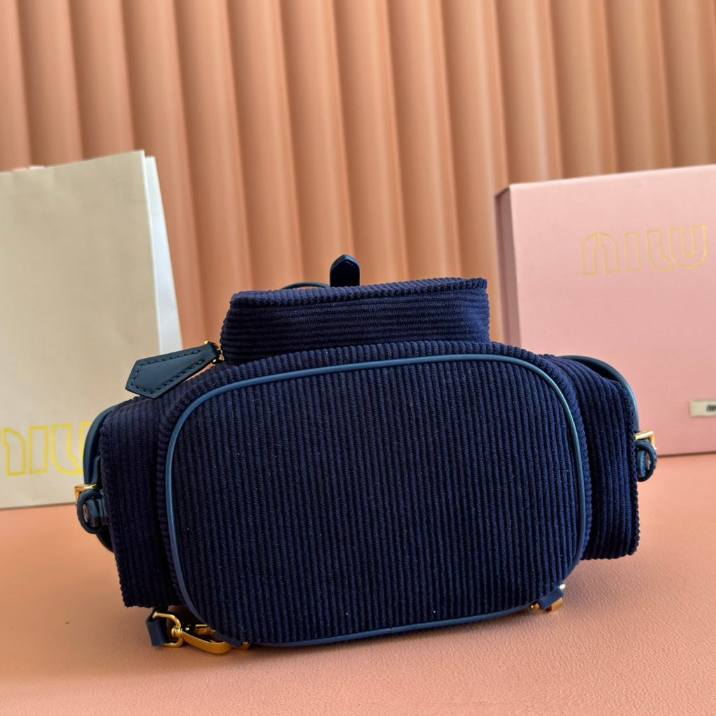 MIUMIU 26S BACKPACK 22 IN DARK BLUE CANVAS BLUE CALFSKIN