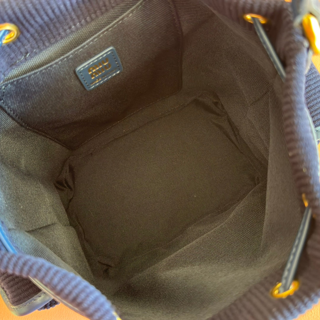 MIUMIU 26S BACKPACK 22 IN DARK BLUE CANVAS BLUE CALFSKIN