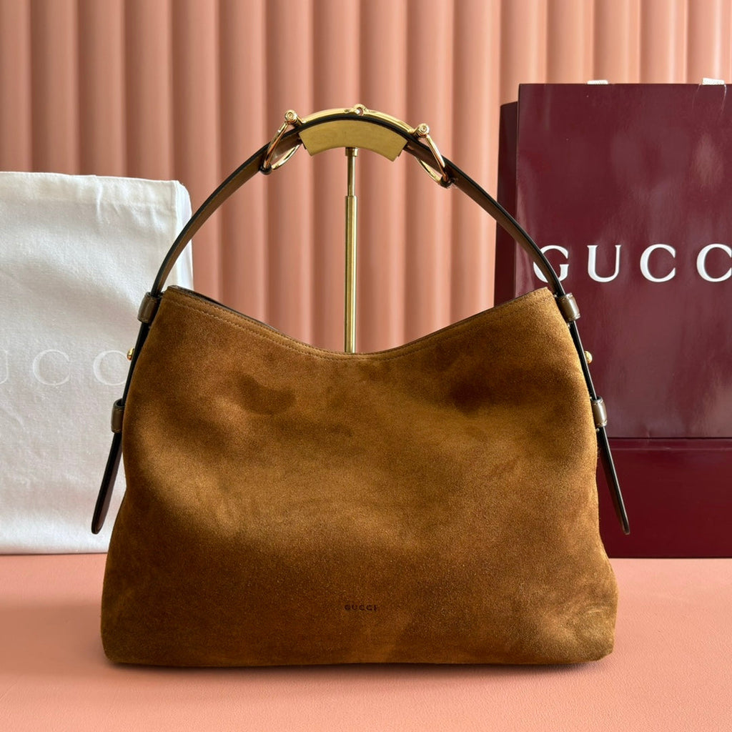 GUCCI 26S TOP HANDLE BAG 35 IN BROWN SUEDE