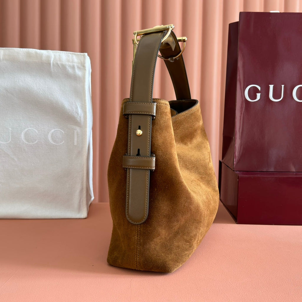 GUCCI 26S TOP HANDLE BAG 35 IN BROWN SUEDE