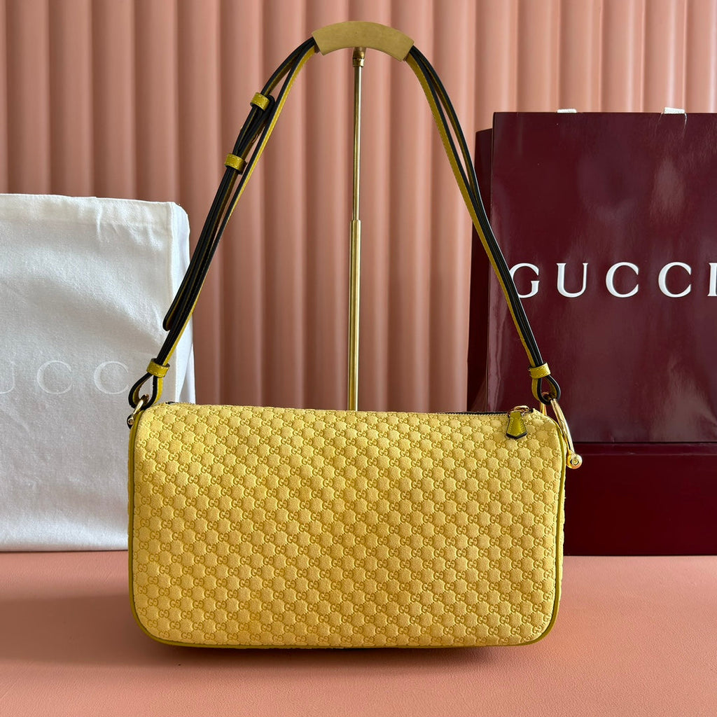 GUCCI 26S SHOULDER BAG 31 IN YELLOW EMBOSSED SUEDE